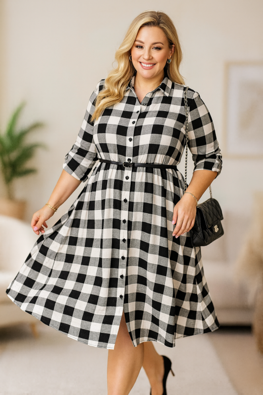 Sukienka w kratę plus size  CZARNO-BIAŁA ( r. 48-54)  