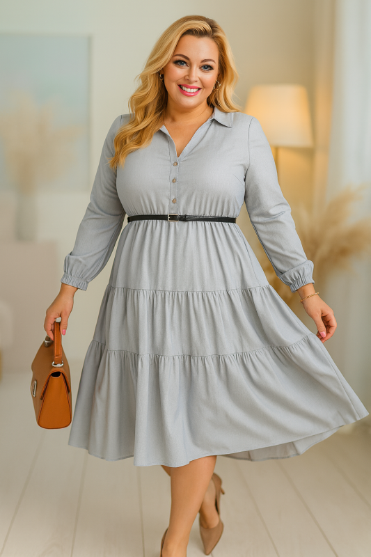 Asymetryczna sukienka plus size z rozpinanym dekoltem na guziczki  i falbanką w paseczki   ( r. 46-54 )   