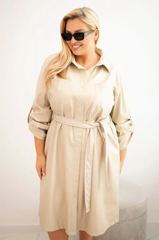 Sukienka damska z eko skóry Plus Size z paskiem i kołnierzykiem  