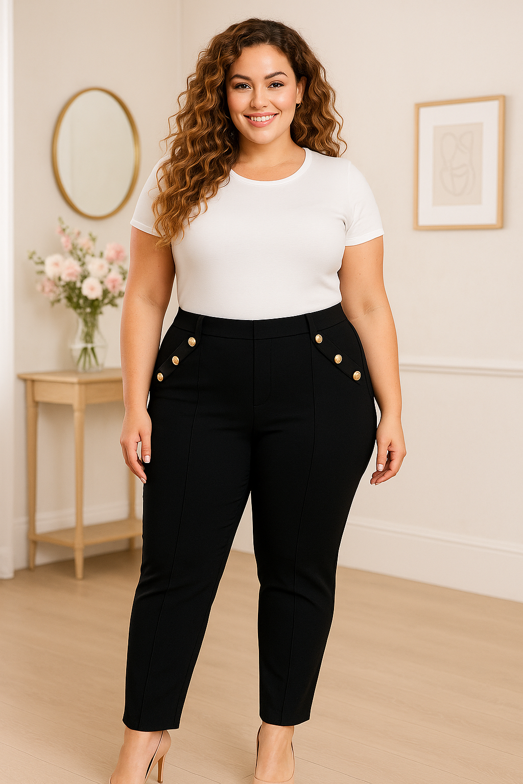 Spodnie plus size z guzikami na kieszonkach i przeszyciem ( r. 44-54) BESTSELLER