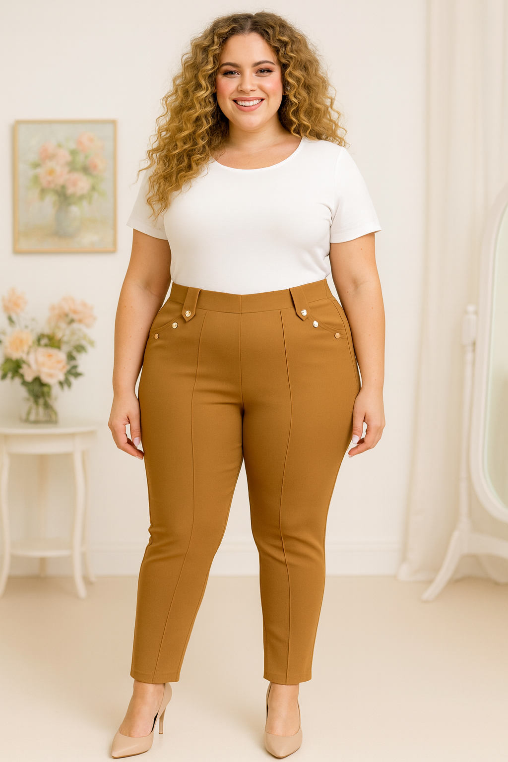 Spodnie plus size z guzikami na kieszonkach i przeszyciem ( r. 44-54)  