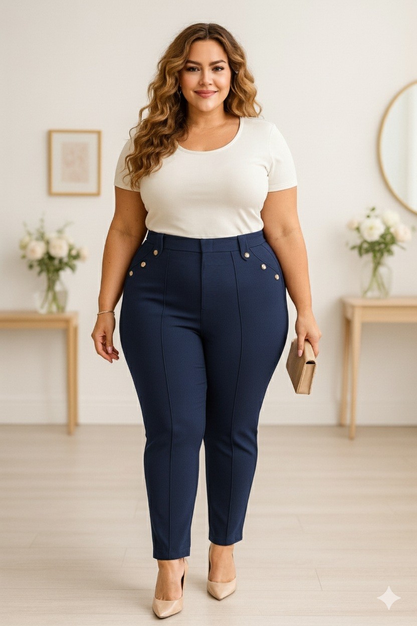 Spodnie plus size z guzikami na kieszonkach i przeszyciem ( r. 44-54)  