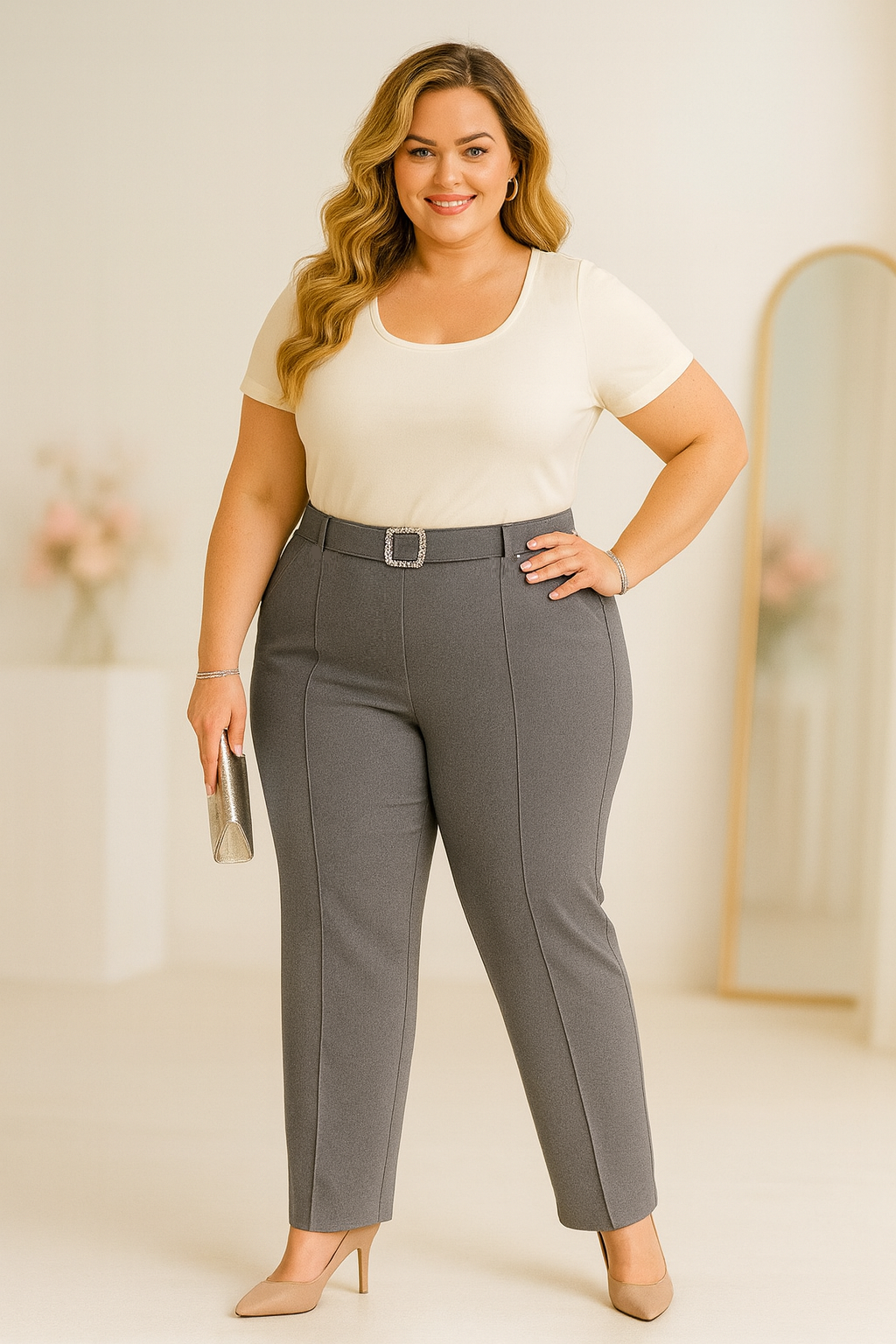 Spodnie plus size z ozdobnym paskiem i przeszyciem ( r. 44-54)  