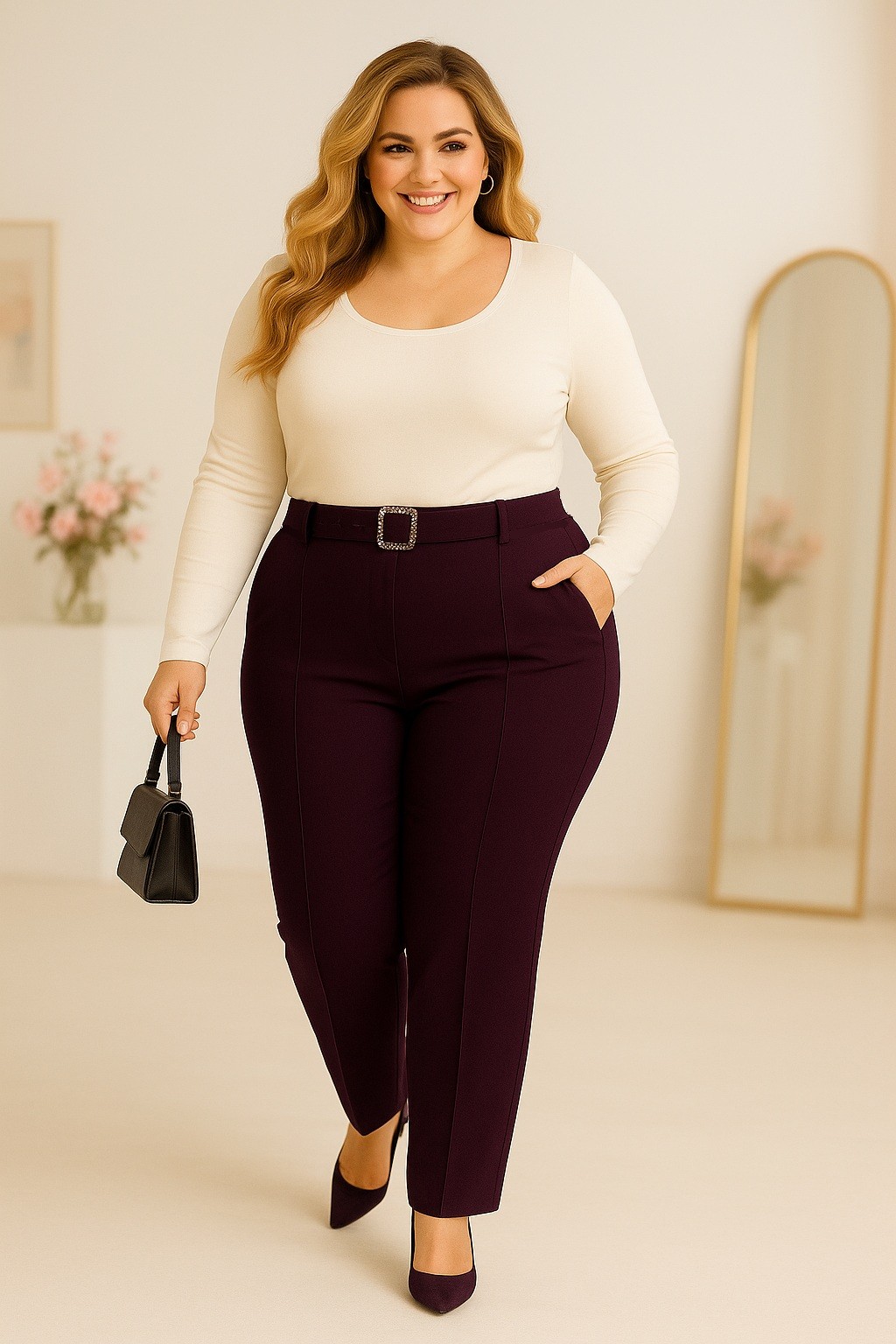 Spodnie plus size z ozdobnym paskiem i przeszyciem ( r. 44-54) 