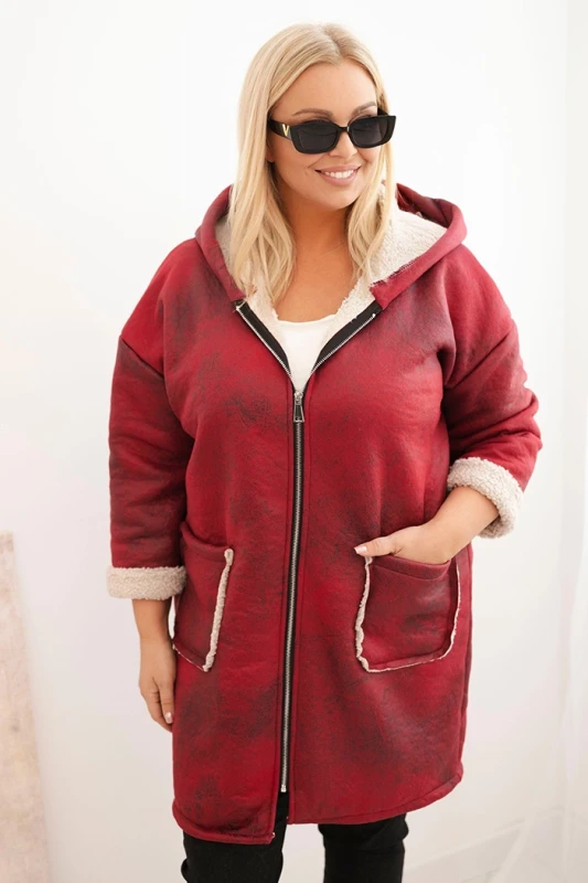 Dłuższa kurtka damska plus size z kapturem i barankiem    