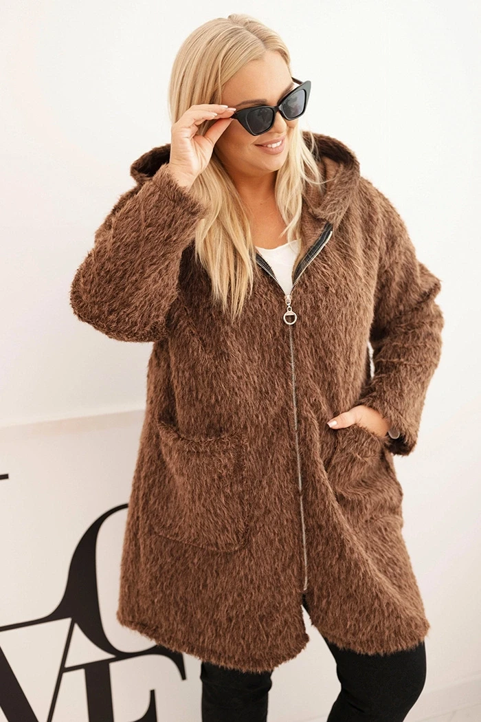 Płaszcz damski Plus Size z wiskozy zapinany na suwak z kapturem