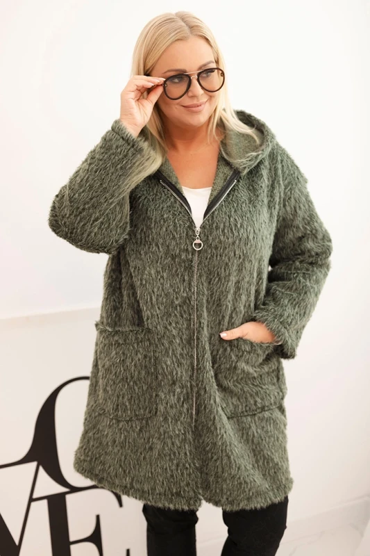 Płaszcz damski Plus Size z wiskozy zapinany na suwak z kapturem 