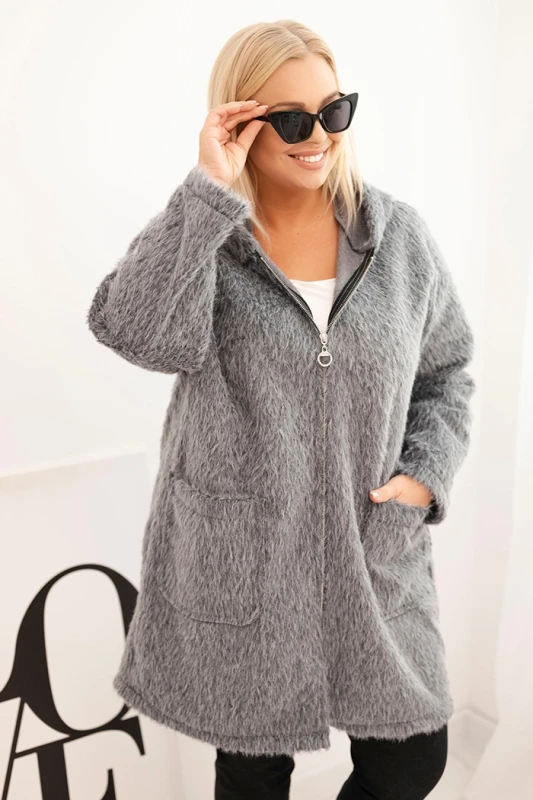 Płaszcz damski Plus Size z wiskozy zapinany na suwak z kapturem    