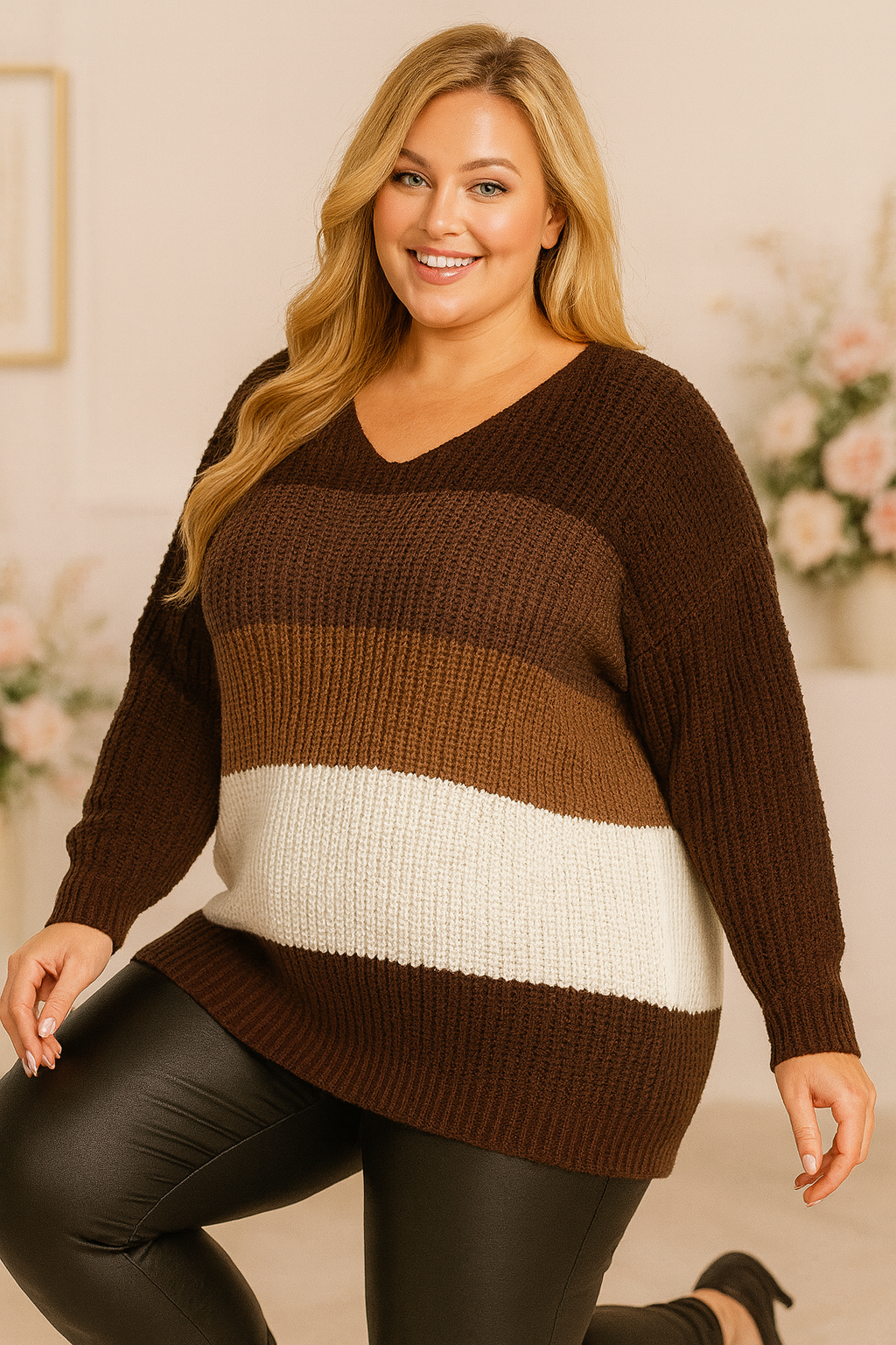 Sweter plus size w pasy Czekolada ( r. 46-52) 