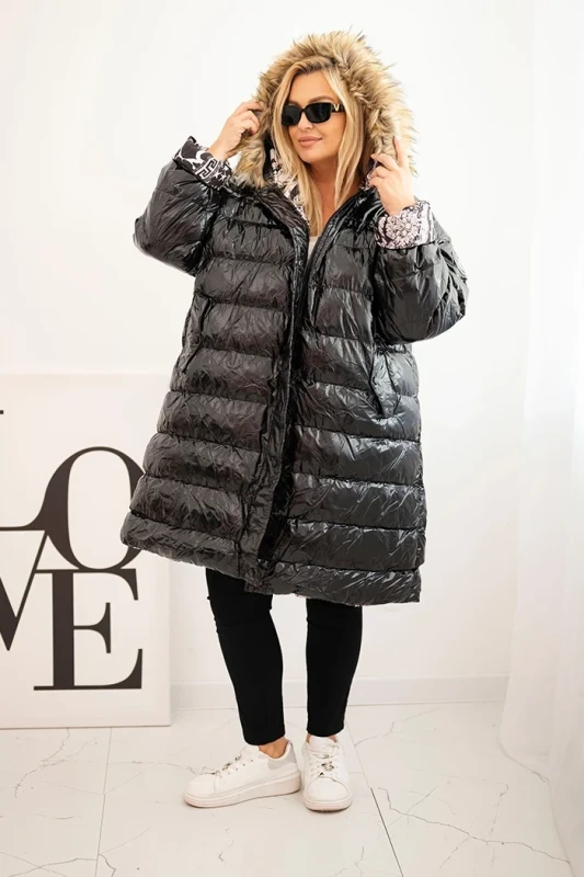 Kurtka zimowa Plus Size z kapturem i futerkiem czarna ( 46-52) 