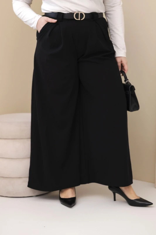 Spodnie  Plus Size „Luna” z szeroką nogawką i paskiem – wysoki stan (r.44-48)