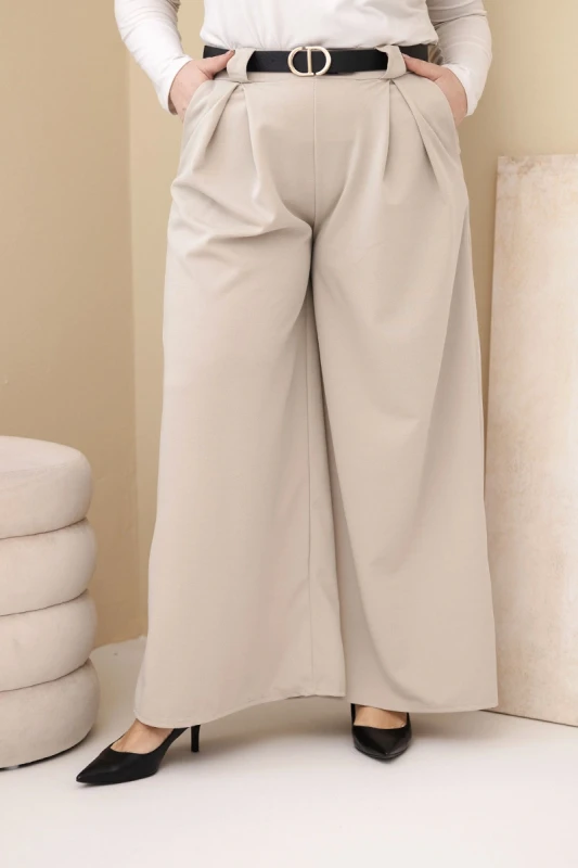 Spodnie  Plus Size „Luna” z szeroką nogawką i paskiem – wysoki stan (r.44-48)  