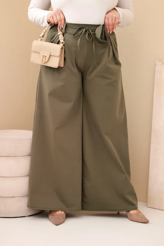 Spodnie damskie Plus Size z szeroką nogawką i ozdobnym kwiatem w talii ( r. 44-48)