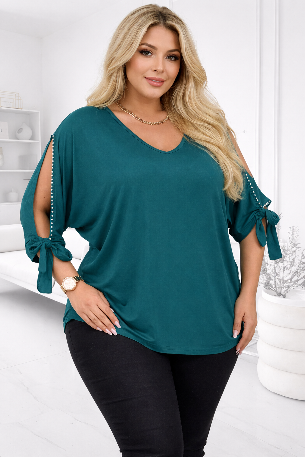 Tunika  Plus Size z perełkami na rękawach  ( r. 50-56) 