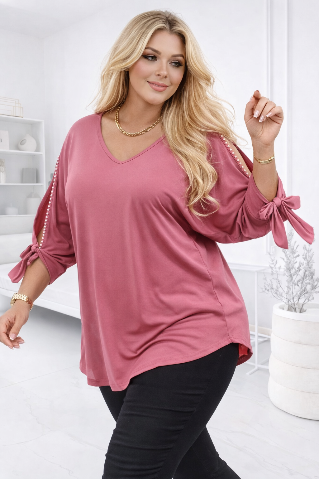 Tunika  Plus Size z perełkami na rękawach  ( r. 50-56)  