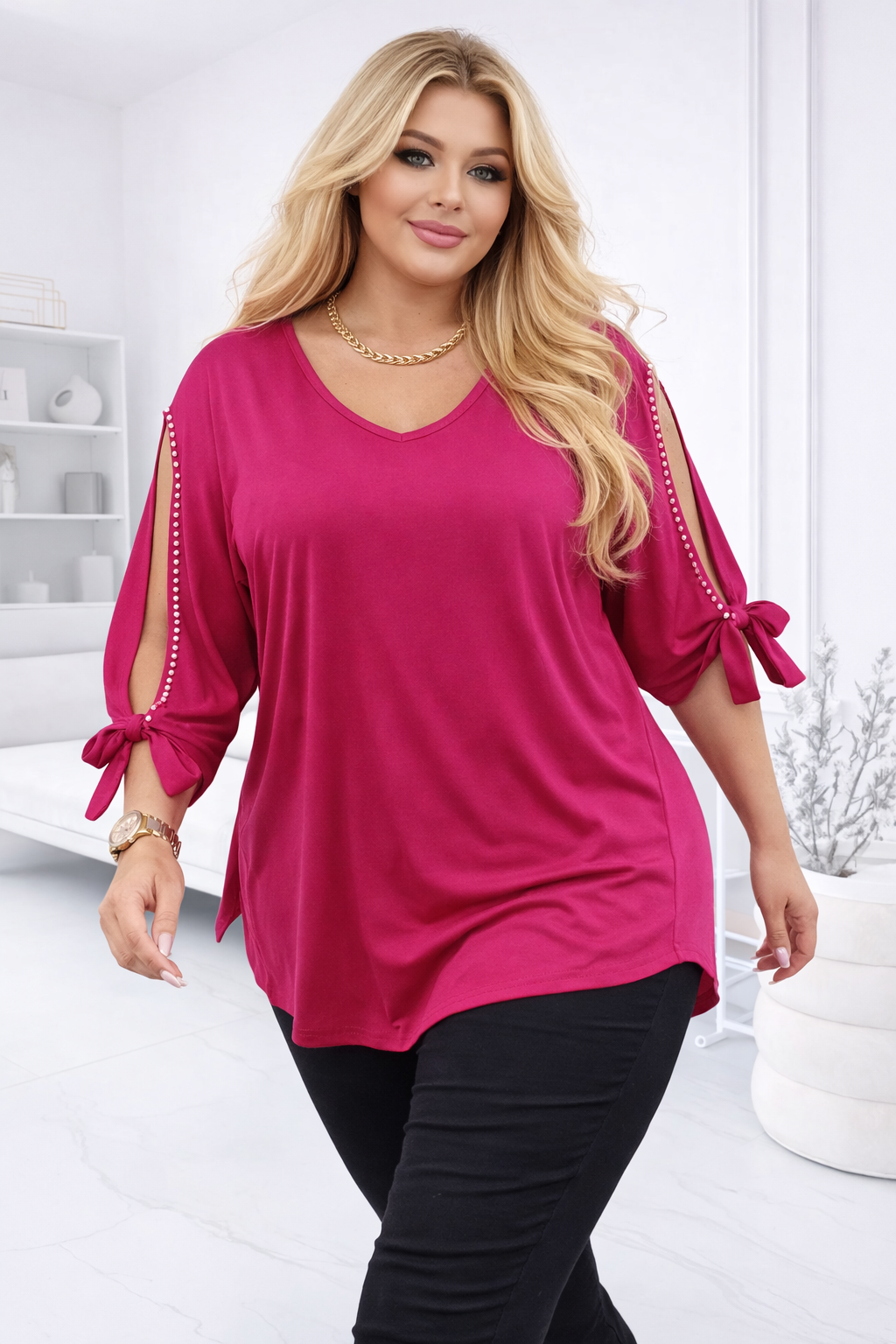 Tunika  Plus Size z perełkami na rękawach  ( r. 50-56)    