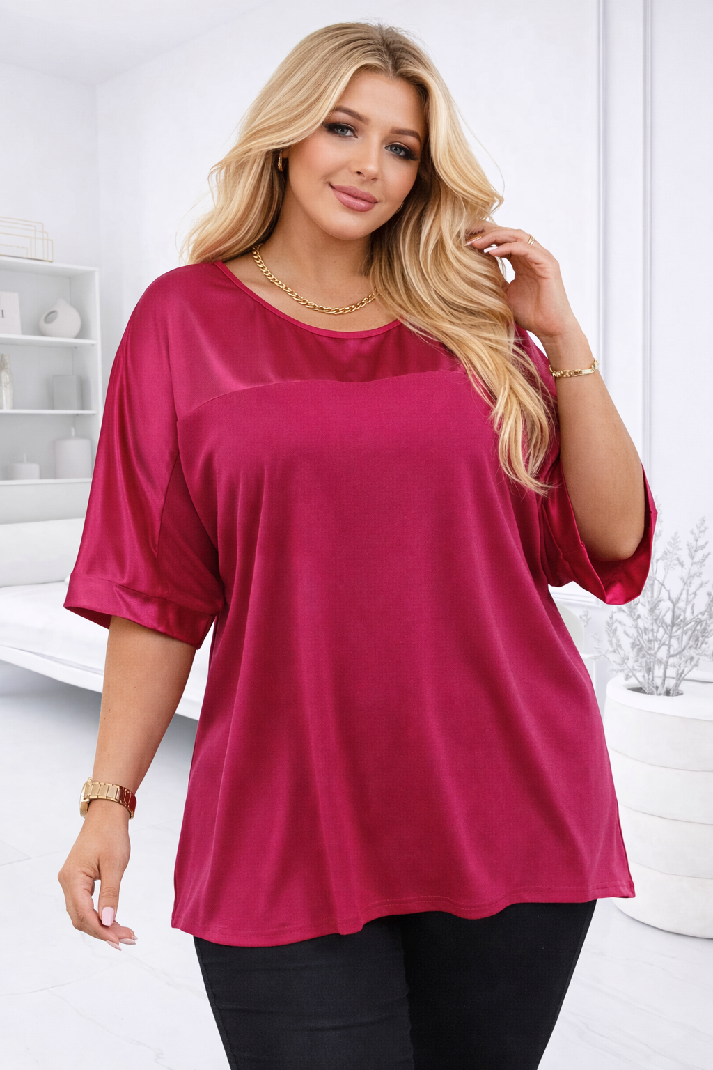 Bluzka  Plus Size z wiskozy z satynowym wykończeniem ( r. 50-56) 