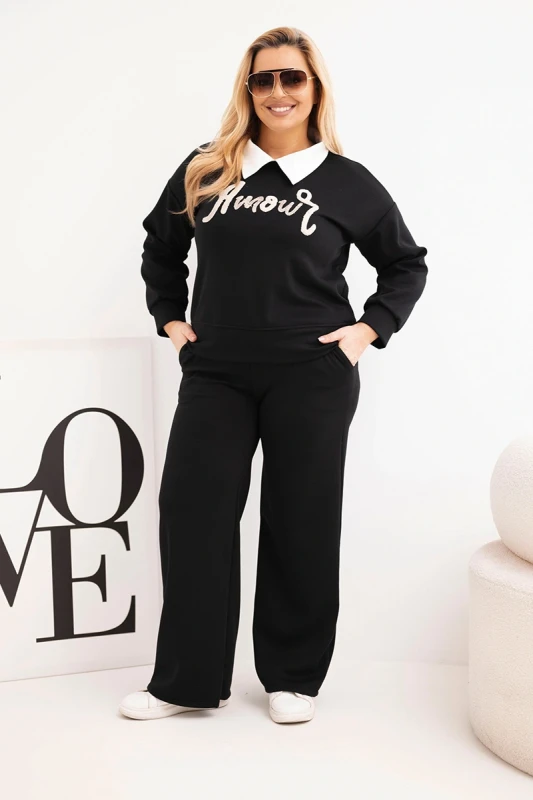 Komplet damski masełko Plus Size z szerokimi nogawkami i kołnierzykiem (r.44-48)