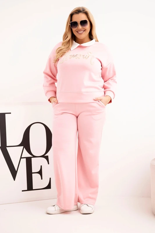 Komplet damski masełko Plus Size z szerokimi nogawkami i kołnierzykiem (r.44-48)  