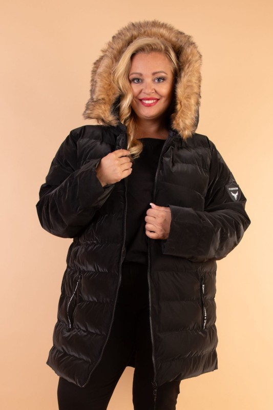 Zimowa  kurtka plus size pikowana z kapturem i futerkiem   - WYSYŁKA 24H -PROMOCJA 