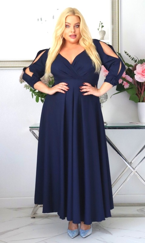 Sukienka maxi z różami na rękawach KOD S1012 (r. 48-56)   