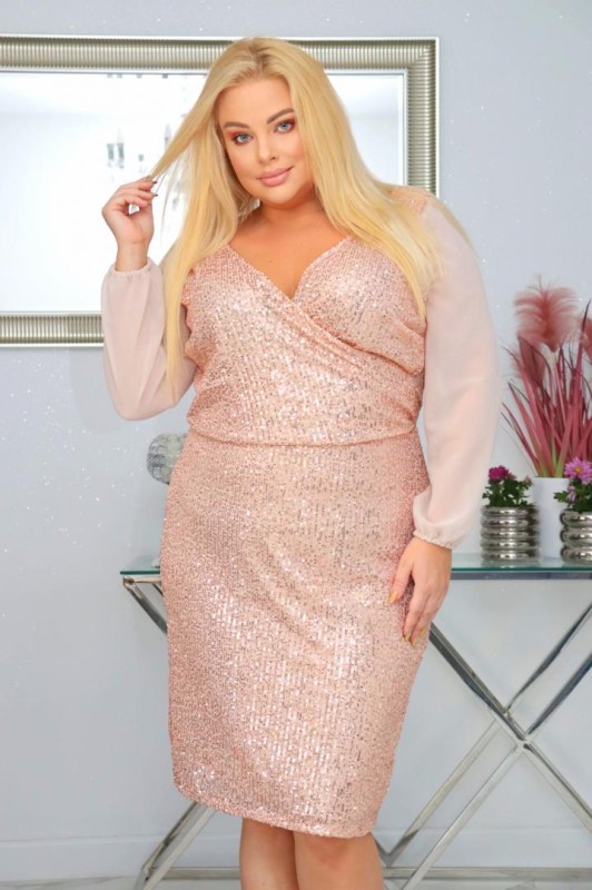 Sukienka cekinowa plus size szyfonowe rękawy KOD S1067 ( r. 48-54)  
