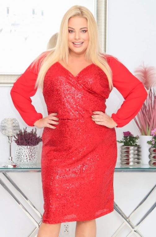 Sukienka cekinowa plus size szyfonowe rękawy KOD S1067 ( r. 48-54) 