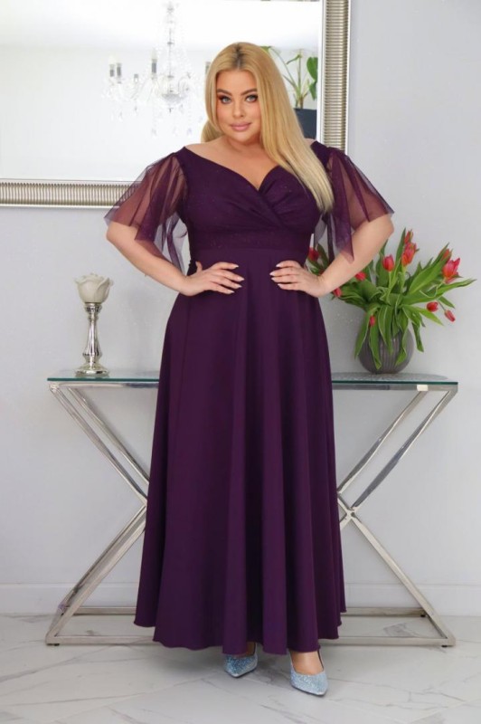 Sukienka maxi plus size rękawy tiulowe KOD S1078 ( r. 48-56)