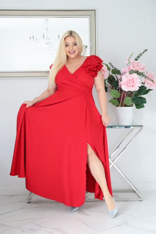 Sukienka glamour z kwiecistą falbaną – S1017 ( r. 48-60) 