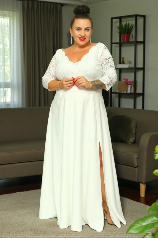 Ślubna sukienka maxi z koronką i dekoltem V – S1095 ( r. 48-60) 