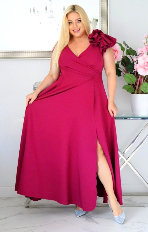 Sukienka plus size glamour z kwiecistą falbaną – S1017 ( r. 48-60)