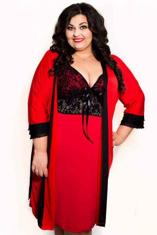 Komplet - koszulka nocna plus size z koronką ALEKSI + gładki szlafrok XXL CZERWONY (r. 46-56)    