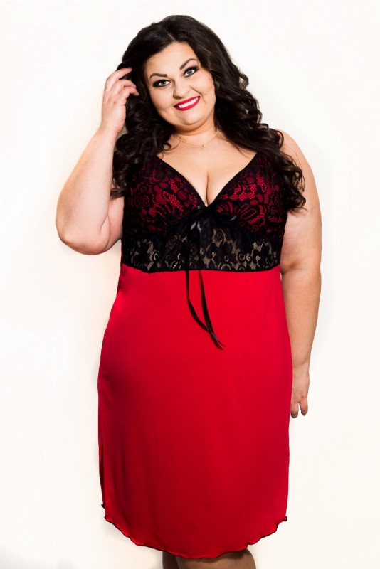 Komplet - koszulka nocna plus size z koronką ALEKSI + gładki szlafrok XXL CZERWONY (r. 46-56)    