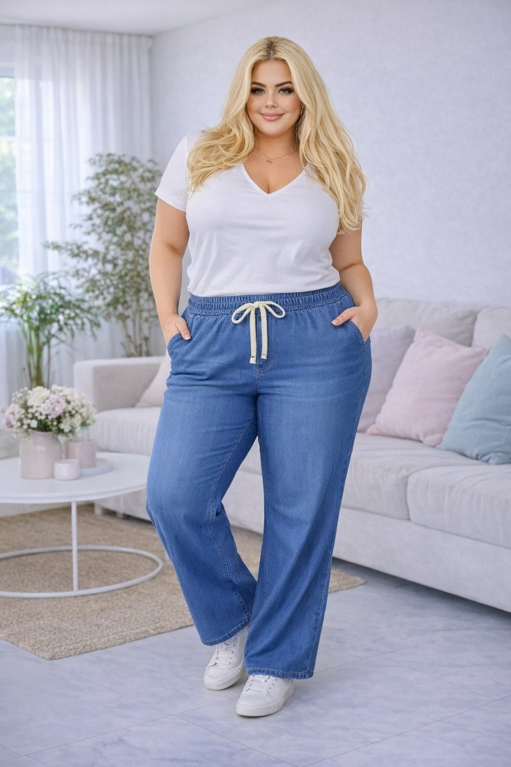 Jeansowe spodnie plus size z gumą w pasie - jaśniejsze ( r. 44-50)  