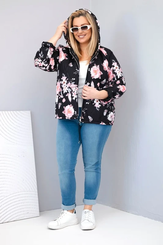 Kurtka damska  Plus Size z kapturem i kwiatowym wzorem ( r. 46-50) 