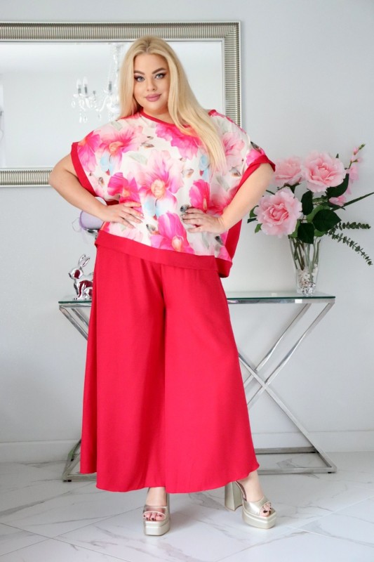 Komplet damski plus size – bluzka i spodnie z naturalnej tkaniny w kwiaty ( r. 46-52)          