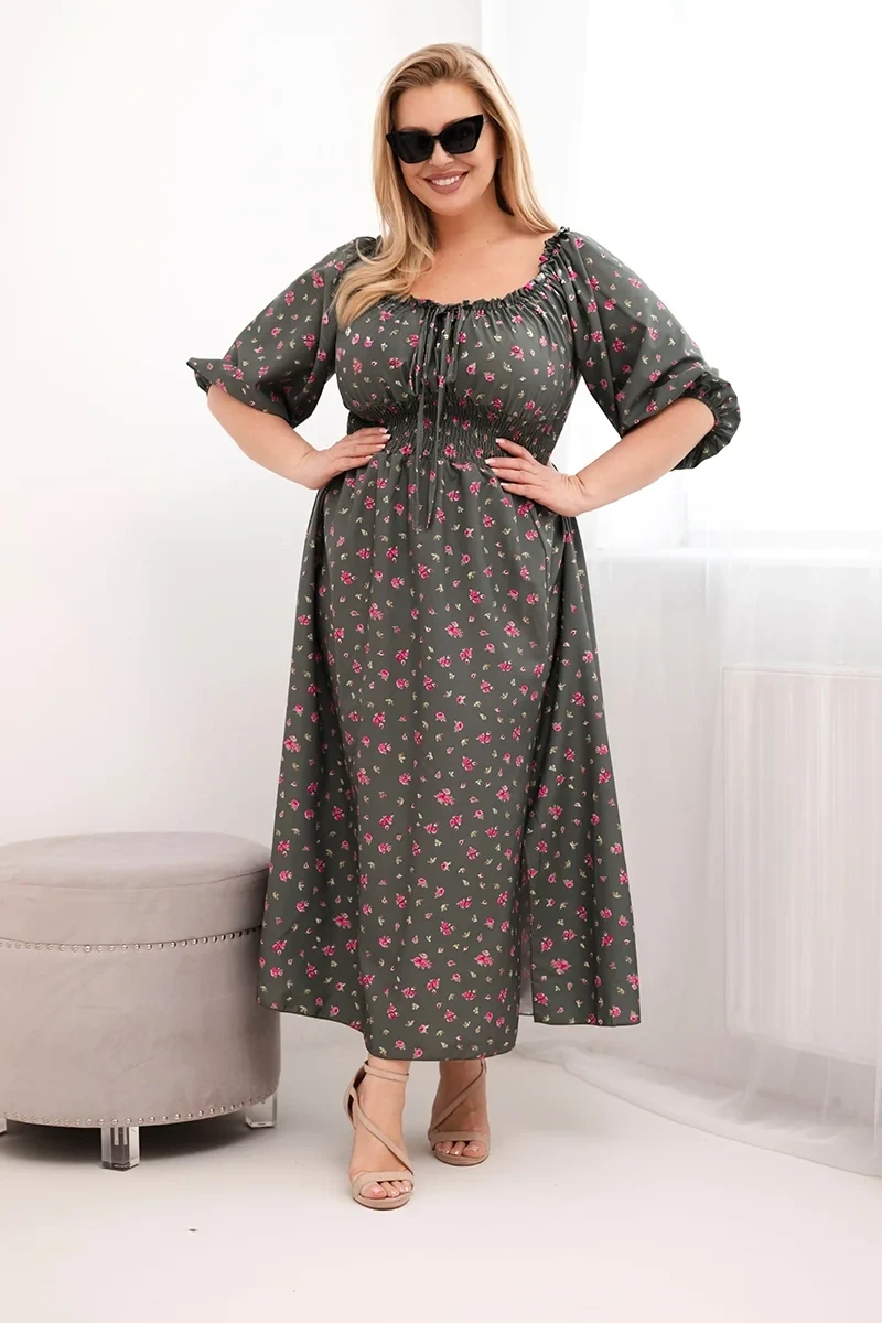 Sukienka damska Plus Size maxi z elastyczną talią i dekoltem na troczki LILIANA (r.46-48)    (1)