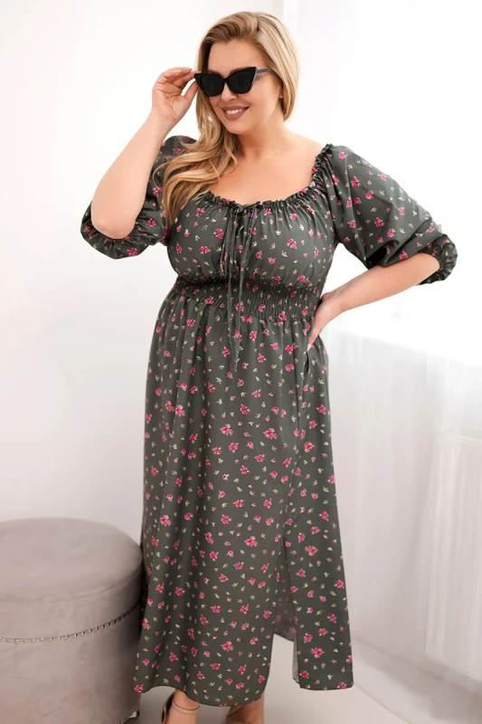 Sukienka damska Plus Size maxi z elastyczną talią i dekoltem na troczki LILIANA (r.46-48)    (1)