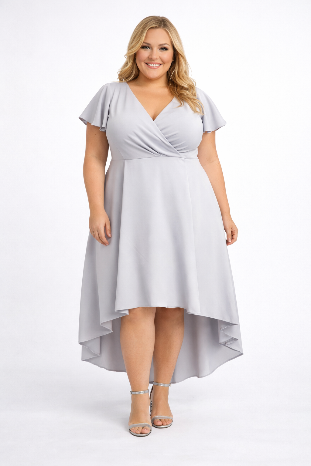 Sukienka elegancka asymetryczna plus size – jasny popiel ( r. 46/48 ) 