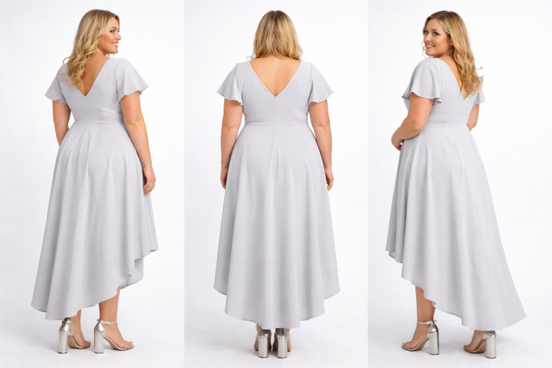 Sukienka elegancka asymetryczna plus size – jasny popiel ( r. 46/48 ) 