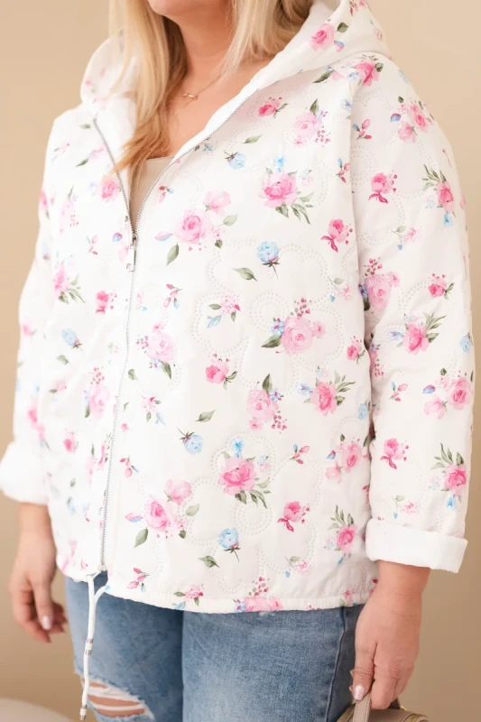 Kurtka damska pikowana w kwiaty z kapturem Plus Size (r. 46-50)  