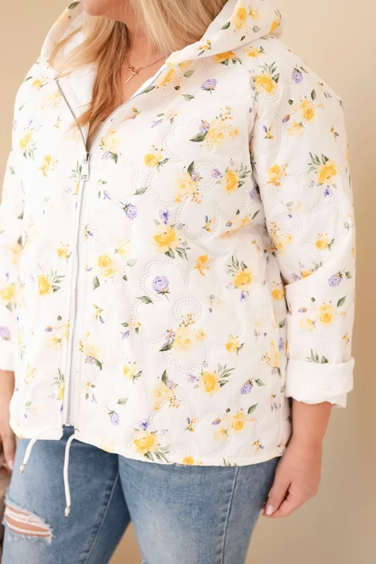 Kurtka damska pikowana w kwiaty z kapturem Plus Size (r. 46-50)