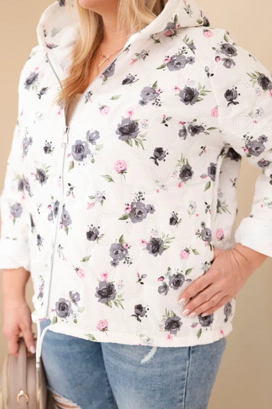 Kurtka damska pikowana w kwiaty z kapturem Plus Size (r. 46-50)   