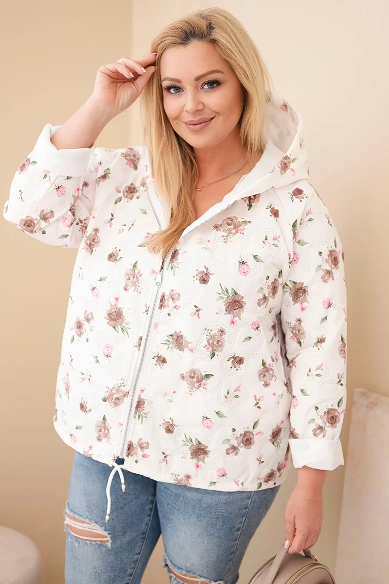 Kurtka damska pikowana w kwiaty z kapturem Plus Size (r. 46-50)  