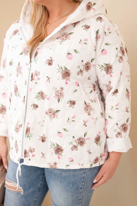 Kurtka damska pikowana w kwiaty z kapturem Plus Size (r. 46-50)  