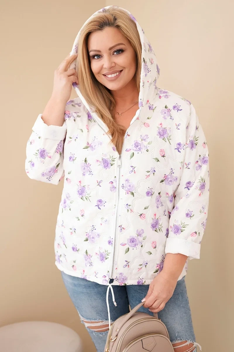 Kurtka damska pikowana w kwiaty z kapturem Plus Size (r. 46-50)   