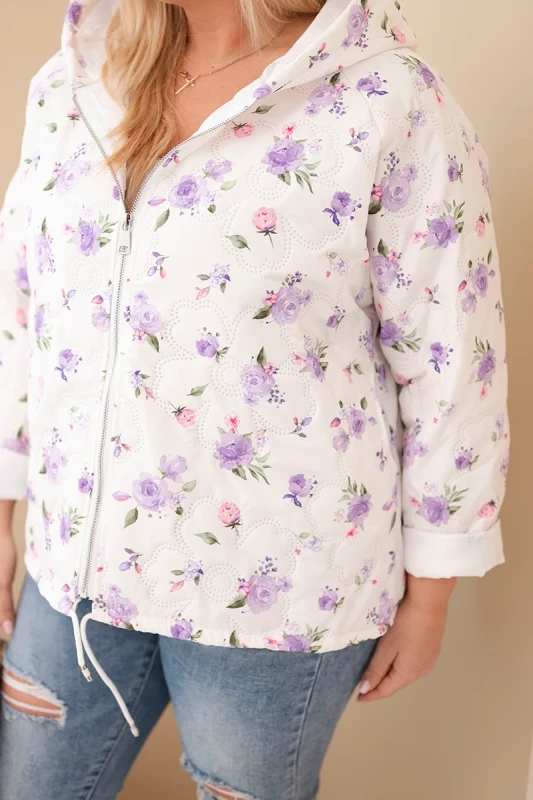 Kurtka damska pikowana w kwiaty z kapturem Plus Size (r. 46-50)   