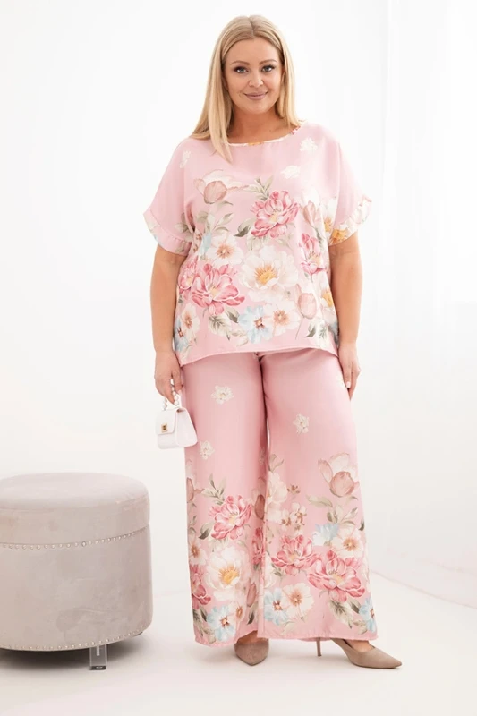 Komplet damski Plus Size z bluzką i spodniami w kwiaty z szeroką nogawką ( r. 46-48) 