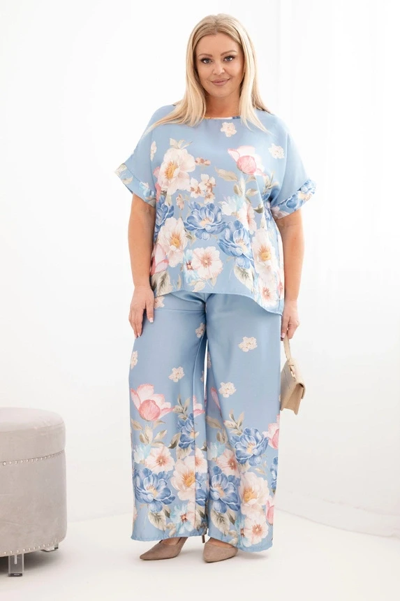 Komplet damski Plus Size z bluzką i spodniami w kwiaty z szeroką nogawką ( r. 46-48) 