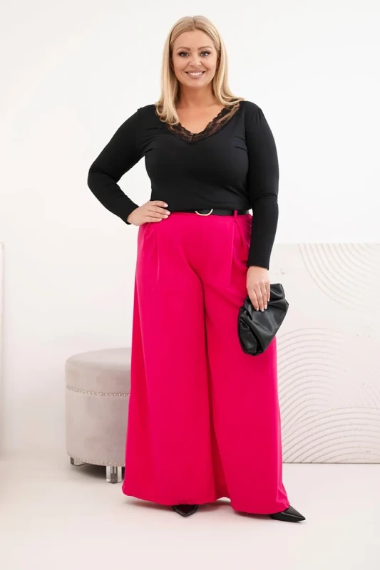 Damskie spodnie Plus Size z szeroką nogawką i paskiem (r.46-48) 